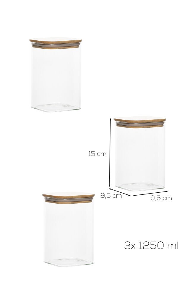 Porsima 6-3 Bambu Vakumlu Kapaklı Kare Borsilikat Cam 3lü Kavanoz Seti Saklama Kabı 1250ml 9,5x15cm