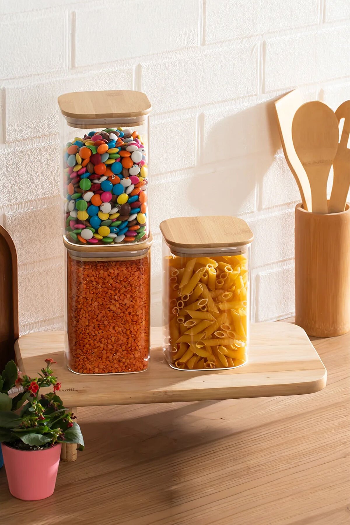 Porsima 6-3 Bambu Vakumlu Kapaklı Kare Borsilikat Cam 3lü Kavanoz Seti Saklama Kabı 1250ml 9,5x15cm