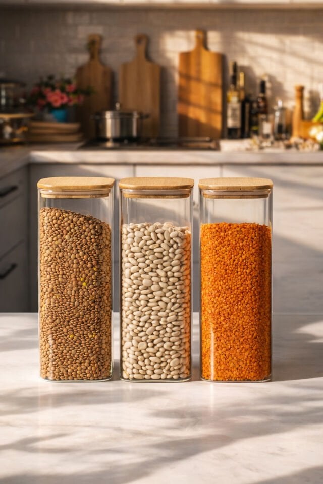 Porsima 7-3 Bambu Vakumlu Kapaklı Kare Borsilikat Cam 3lü Kavanoz Seti Saklama Kabı 1900ml 9,5x27cm
