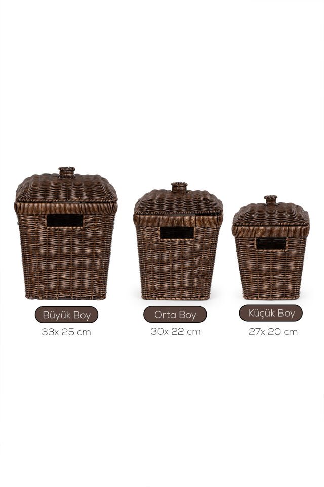 Porsima Pbt-919-1 3lü Hasır Sepet Kapaklı Bambu Sepet seti Dekoratif Banyo Mutfak Düzenleyici Patates Soğan Sepeti Organizeri