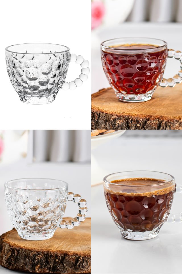 Porsima Cherry Coffee Taşlı Boncuklu Cam Kahve Takımı Çay Fincanı Lüks Kaliteli Cam Fincan 6'lı 80ml