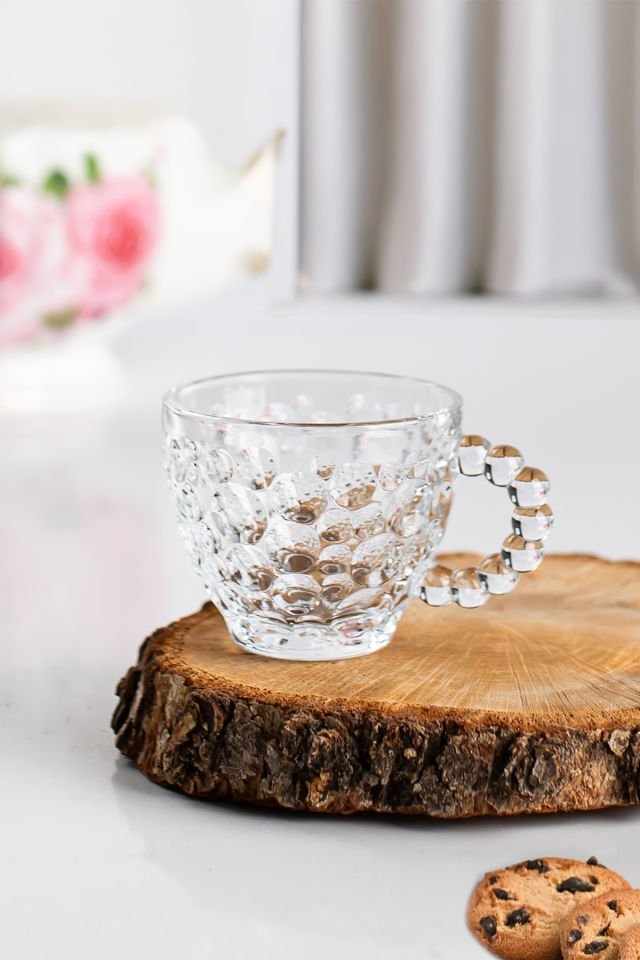 Porsima Cherry Coffee Taşlı Boncuklu Cam Kahve Takımı Çay Fincanı Lüks Kaliteli Cam Fincan 6'lı 80ml