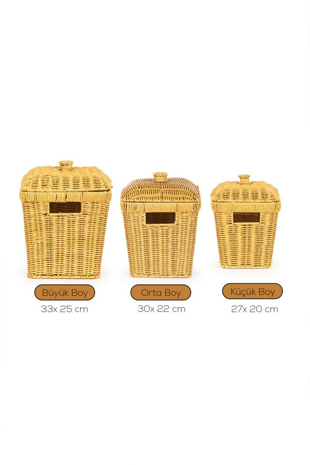 Porsima Pbt-919-2 3lü Hasır Sepet Kapaklı Bambu Sepet seti Dekoratif Banyo Mutfak Düzenleyici Patates Soğan Sepeti Organizeri