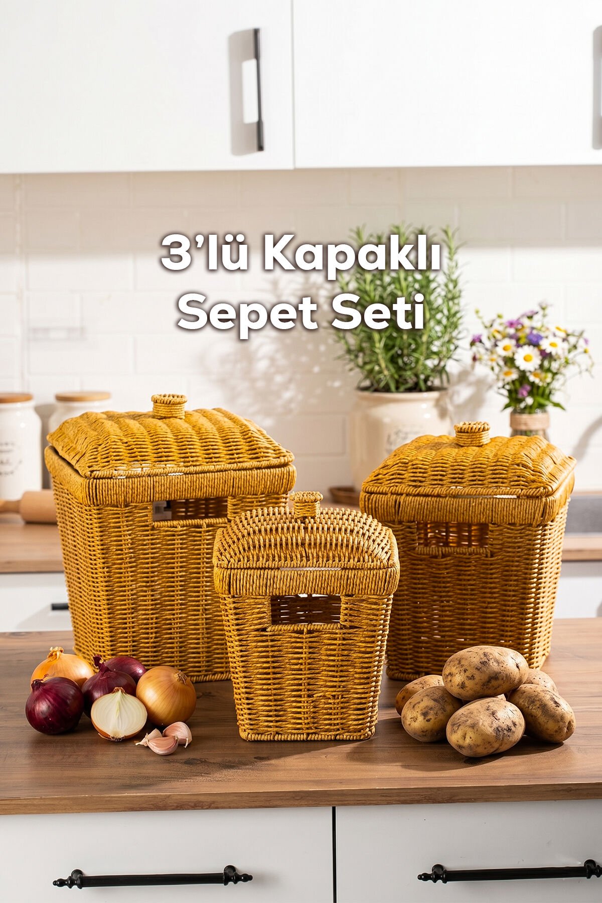 Porsima Pbt-919-2 3lü Hasır Sepet Kapaklı Bambu Sepet seti Dekoratif Banyo Mutfak Düzenleyici Patates Soğan Sepeti Organizeri