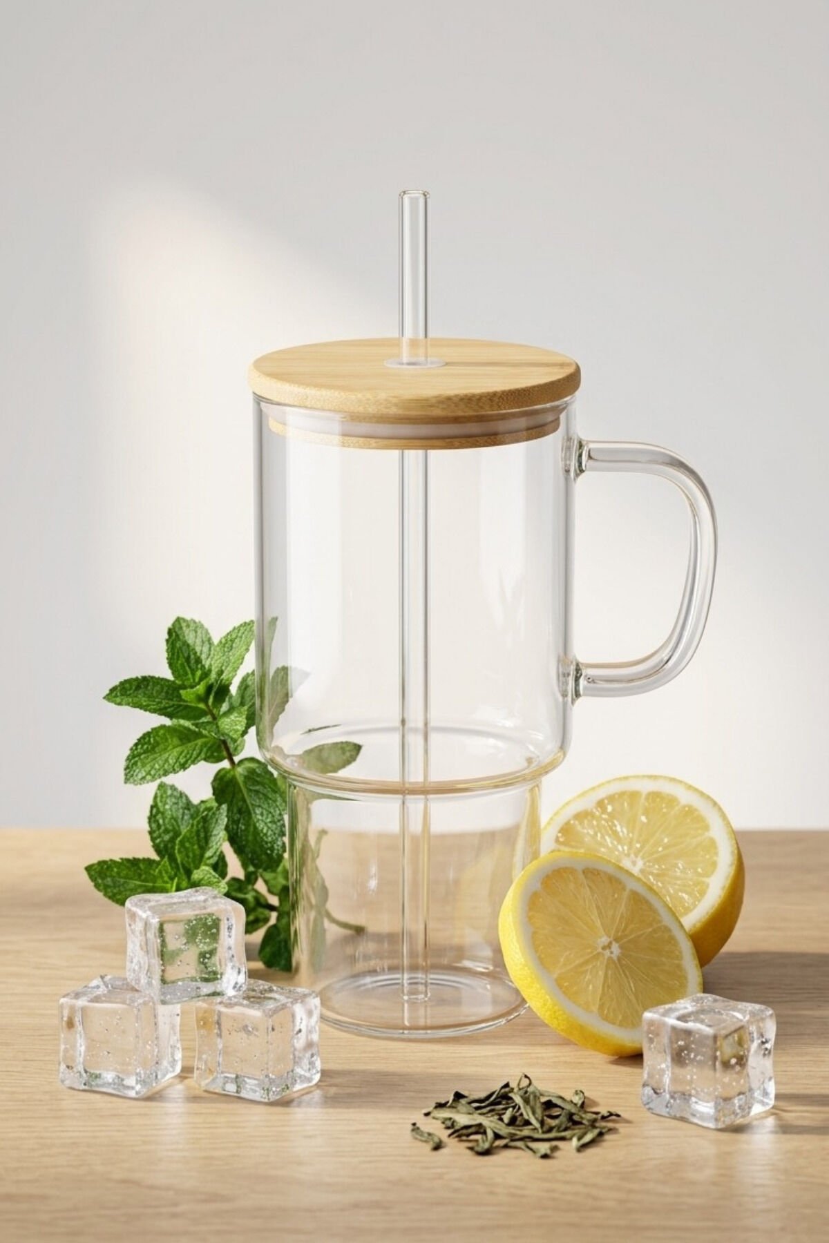 Porsima 4571 Isıya Dayanıklı Borosilikat Cam Pipetli Bambu Kapaklı Bardak 800ml