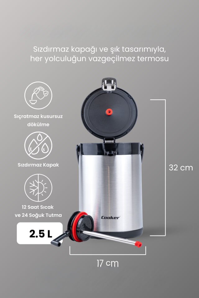 Porsima 2007 Çift Katmanlı Paslanmaz Çelik Termos Çay Termosu Su Termosu 2,5lt