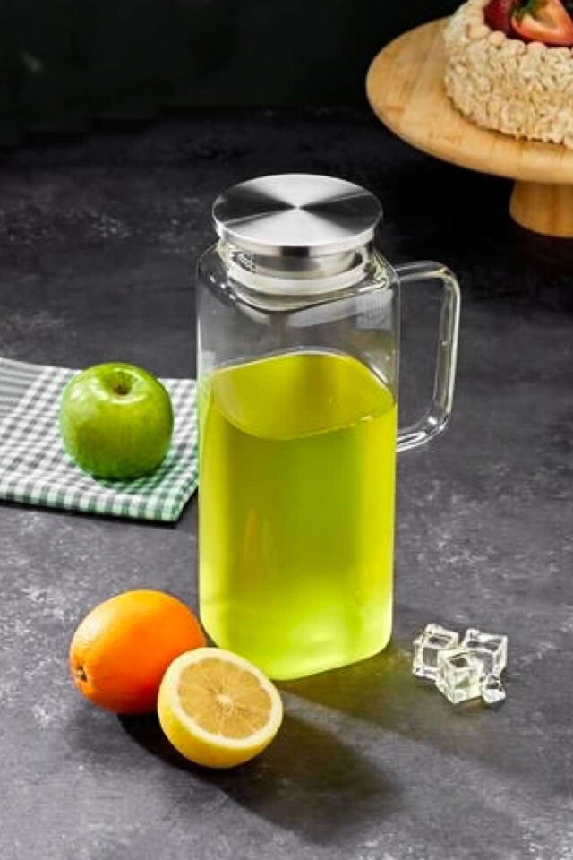 Porsima 3406 Isıya Dayanıklı Borosilikat Cam Çelik Kapaklı Sürahi Karaf 2000Ml