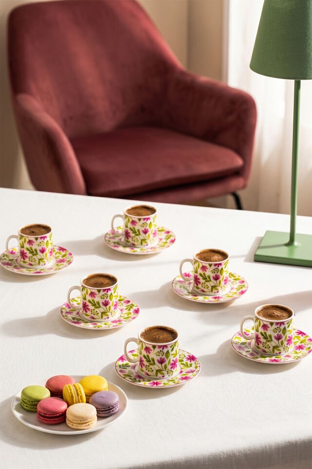 Porsima 0784 12 Parça Porselen Türk Kahve Fincan Takımı - Çiçek Desenli Kahve Fincan Seti - 90ml