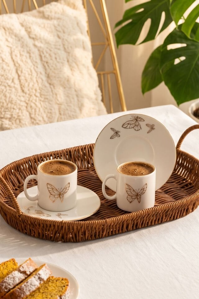 Porsima 1158 12 Parça Yaldızlı Porselen Türk Kahve Fincan Takımı - Kelebek Desenli Kahve Fincan Seti - 90ml