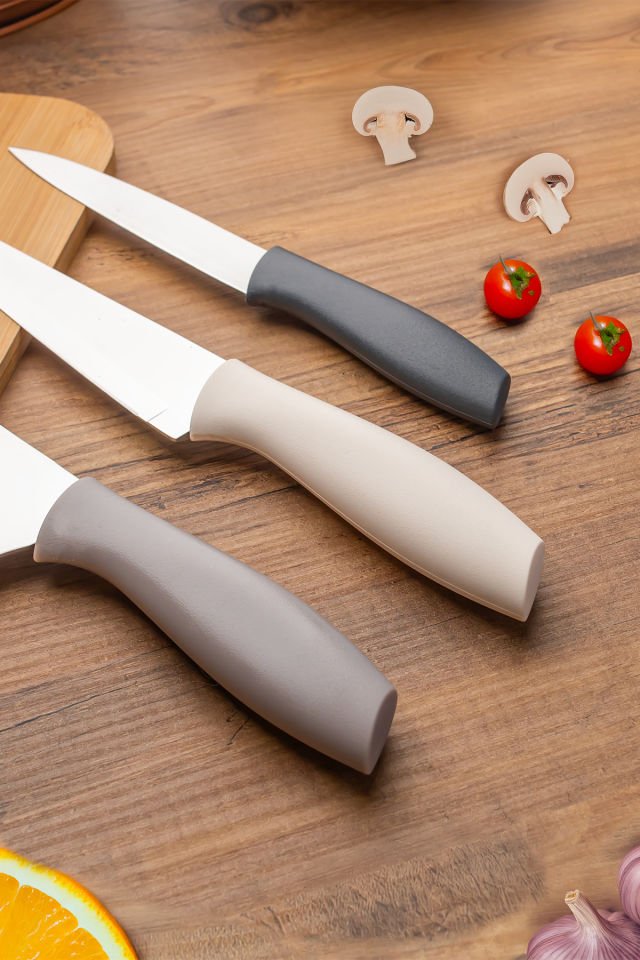 Porsima 3156 - 3'lü Bıçak Seti Meyve, Et Doğrama Bıçağı Şef Bıçakları Kaliteli Sağlam Bıçaklar 28 x 27.5 x 22  Cappuccino-Antrasit-Krem