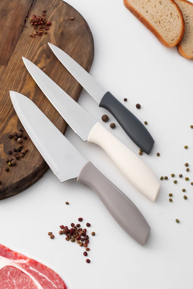 Porsima 3156 - 3'lü Bıçak Seti Meyve, Et Doğrama Bıçağı Şef Bıçakları Kaliteli Sağlam Bıçaklar 28 x 27.5 x 22  Cappuccino-Antrasit-Krem