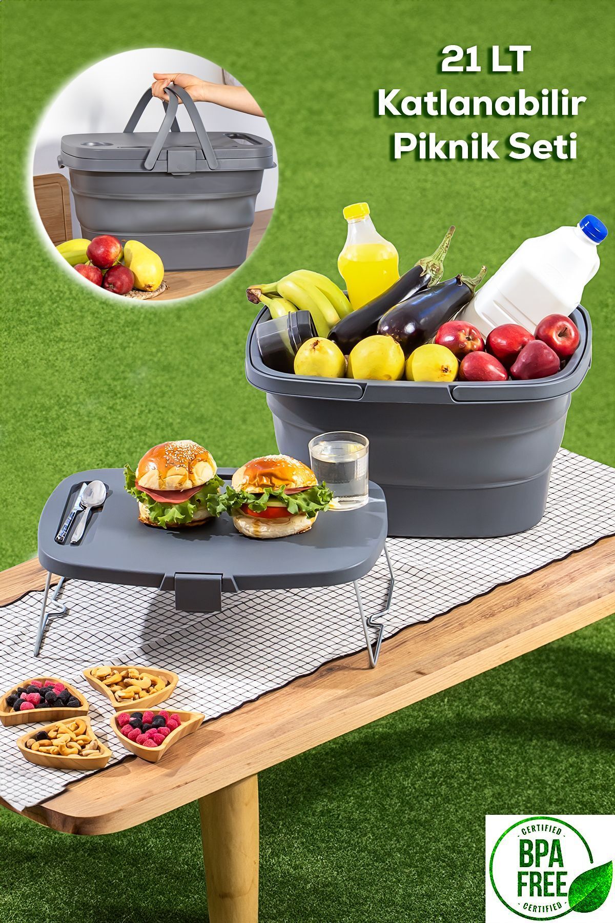 Porsima Katlanır Piknik Sepeti - Silikonlu Katlanabilir Saklama Kutusu - 21 L