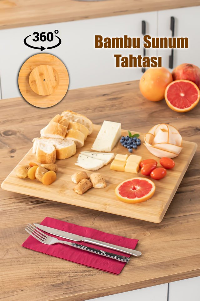 Porsima Bambu Peynir Pizza Tahtası Sunum Tahtası 360 Derece Dönen Yuvarlak Lüx Servis 35 x 30 x 1.5 cm