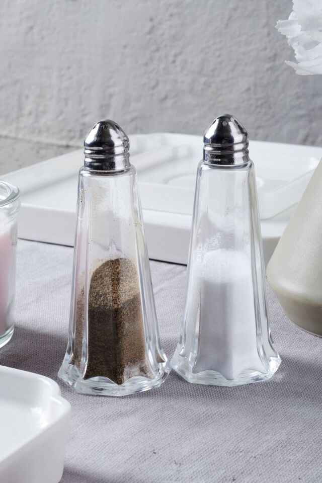 Porsima 15332 2'li Cam Gövdeli Metal Krom Kapaklı Tuzluk Biberlik