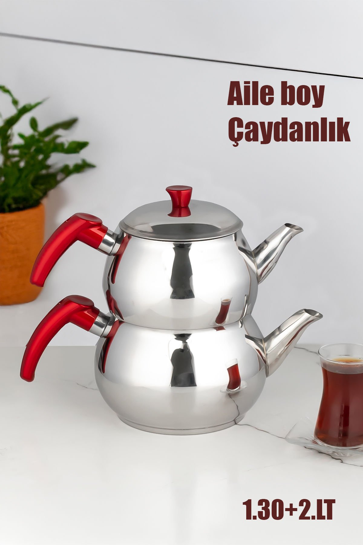Porsima 4NO Dayanıklı Aile Boy Paslanmaz Çelik Çaydanlık 1.30+2.00LT Çaydanlık Takımı