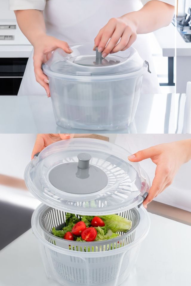 Porsima Pratik Salata Kurutucu - Meyve Sebze Yeşillik Yıkama Kurutma Kabı Gri