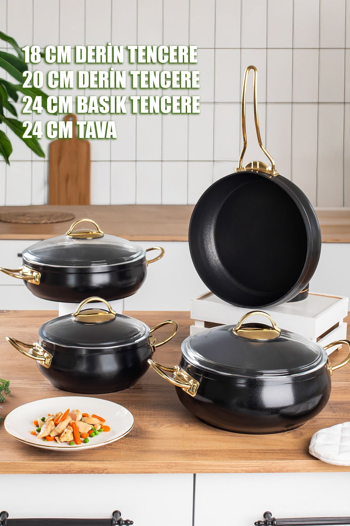 Lines L-5094 Yonca Güveç 7 Parça Tencere Seti - Siyah Altın Kulp