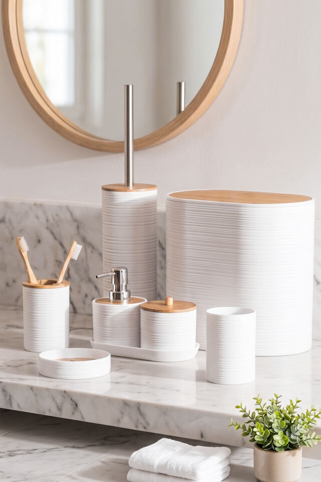 Porsima 4531 8 Parça Banyo Seti - Bambu Kapaklı Çöp Kovası, Sabunluk, Diş Fırçalığı ve Wc Fırçası Beyaz