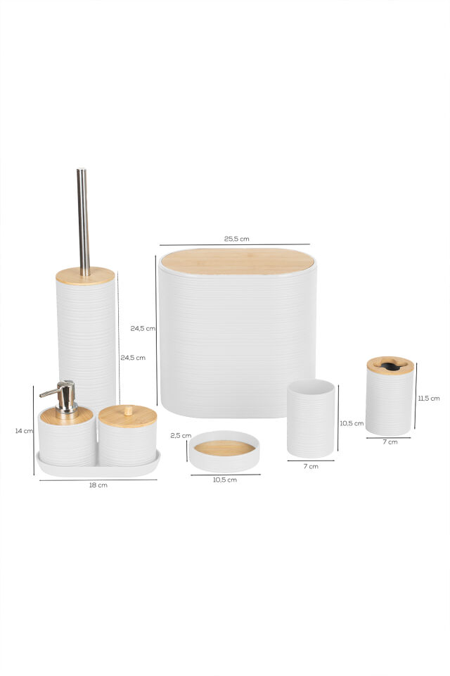 Porsima 4531 8 Parça Banyo Seti - Bambu Kapaklı Çöp Kovası, Sabunluk, Diş Fırçalığı ve Wc Fırçası Beyaz