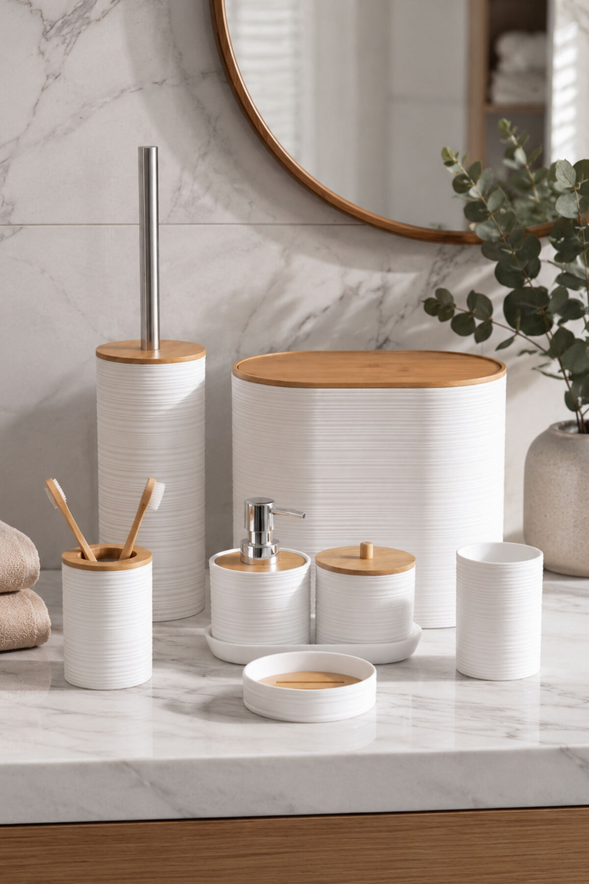 Porsima 4531 8 Parça Banyo Seti - Bambu Kapaklı Çöp Kovası, Sabunluk, Diş Fırçalığı ve Wc Fırçası Beyaz