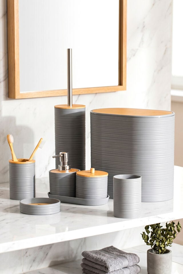 Porsima 4532 8 Parça Banyo Seti - Bambu Kapaklı Çöp Kovası, Sabunluk, Diş Fırçalığı ve Wc Fırçası Gri