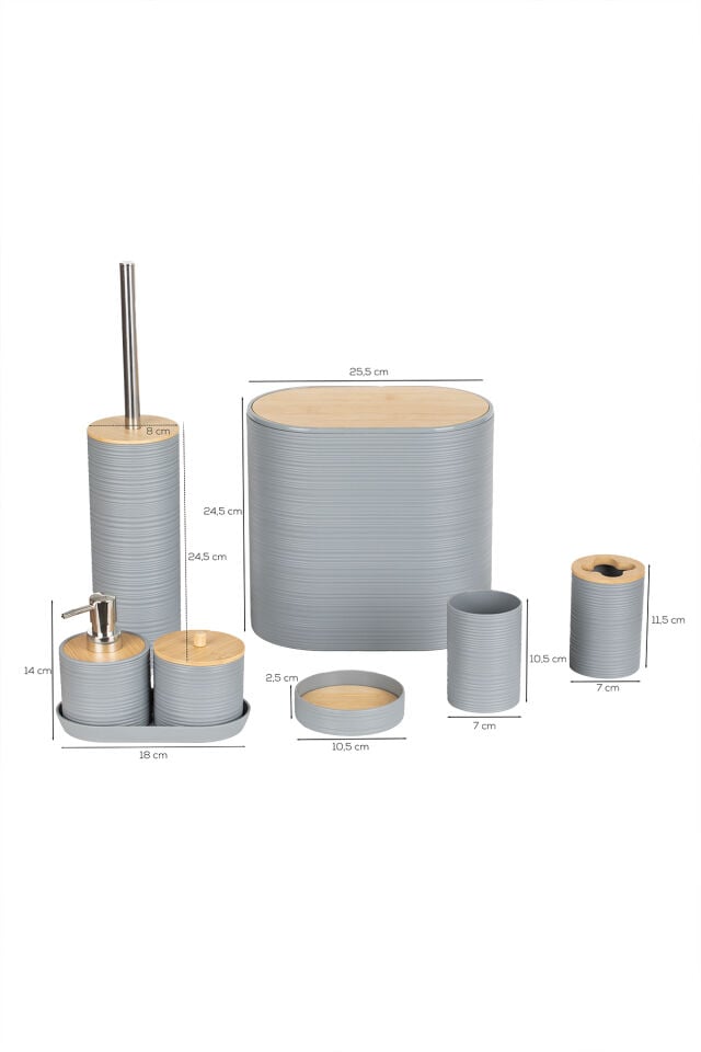 Porsima 4532 8 Parça Banyo Seti - Bambu Kapaklı Çöp Kovası, Sabunluk, Diş Fırçalığı ve Wc Fırçası Gri