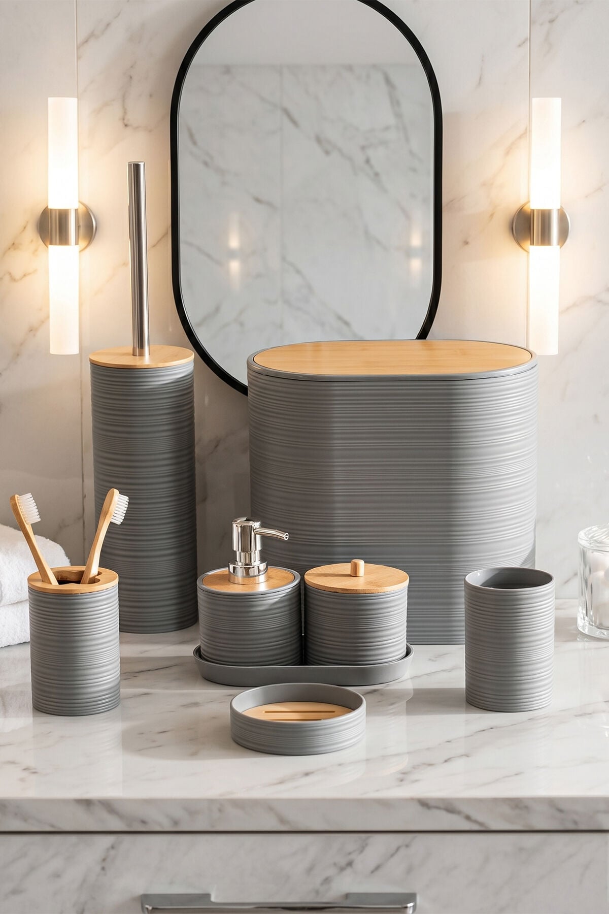Porsima 4532 8 Parça Banyo Seti - Bambu Kapaklı Çöp Kovası, Sabunluk, Diş Fırçalığı ve Wc Fırçası Gri