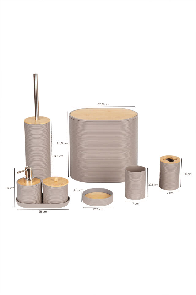 Porsima 4533 8 Parça Banyo Seti - Bambu Kapaklı Çöp Kovası, Sabunluk, Diş Fırçalığı ve Wc Fırçası Kapicino