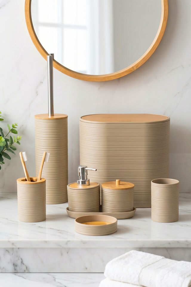 Porsima 4533 8 Parça Banyo Seti - Bambu Kapaklı Çöp Kovası, Sabunluk, Diş Fırçalığı ve Wc Fırçası Kapicino