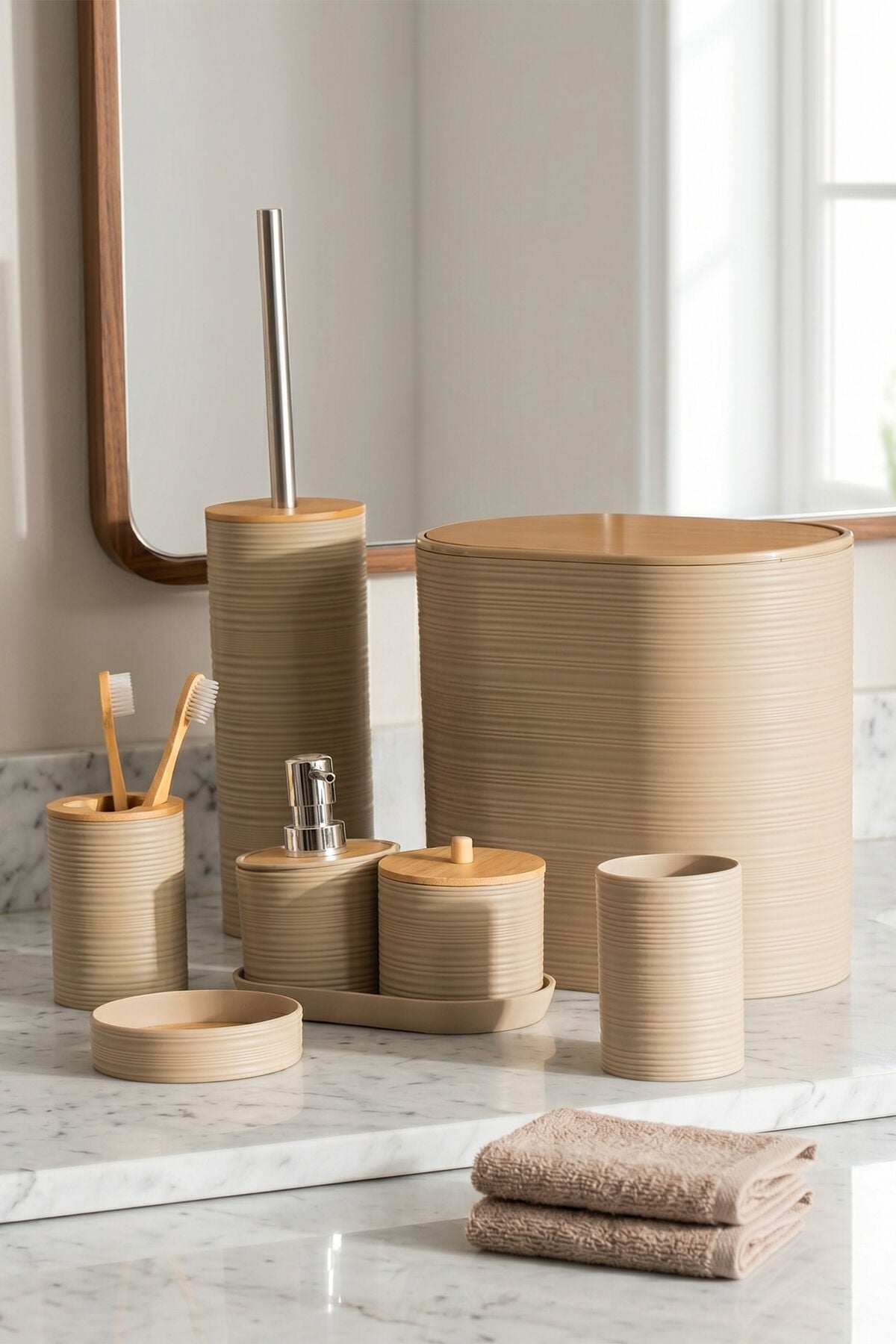 Porsima 4533 8 Parça Banyo Seti - Bambu Kapaklı Çöp Kovası, Sabunluk, Diş Fırçalığı ve Wc Fırçası Kapicino