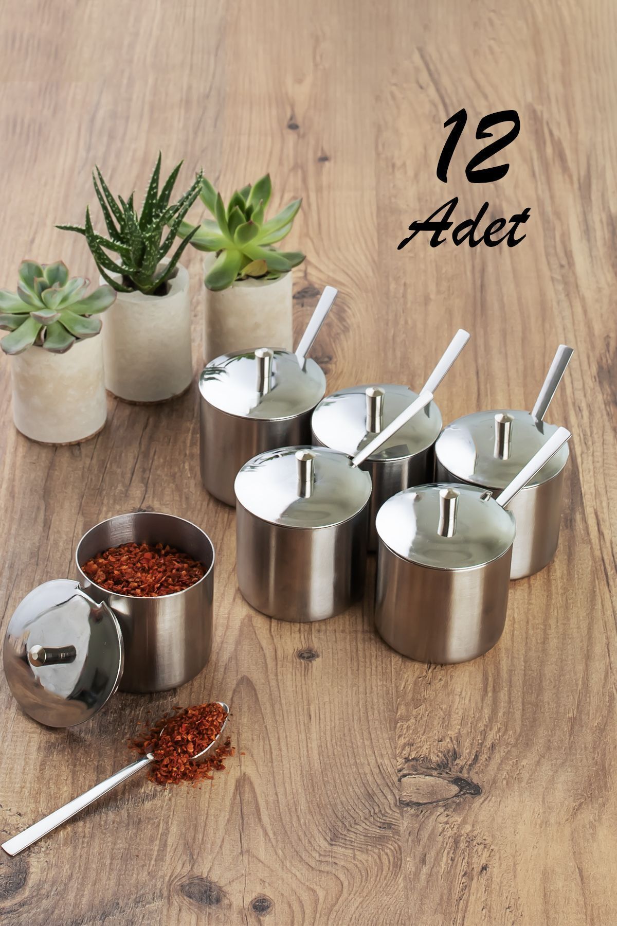 Porsima Elit 12 Li Paslanmaz Çelik Çay Kaşıklı Kapaklı Metal Şekerlik Masaüstü Baharatlık Takımı