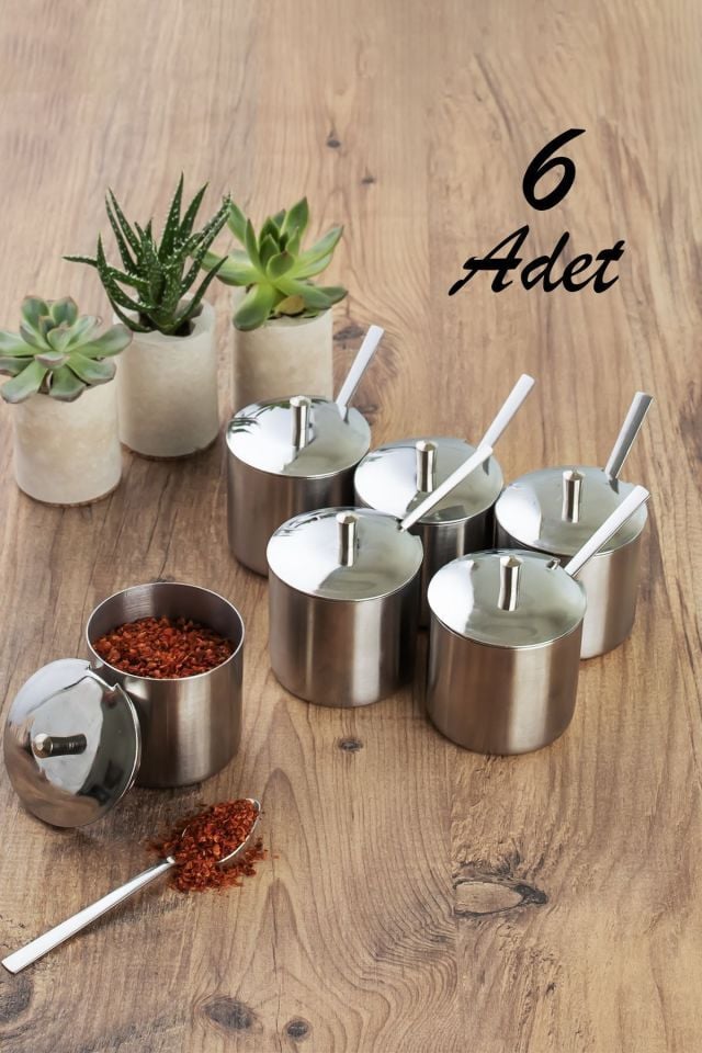 Porsima Elit 6 Lı Paslanmaz Çelik Çay Kaşıklı Kapaklı Metal Şekerlik Masaüstü Baharatlık Takımı