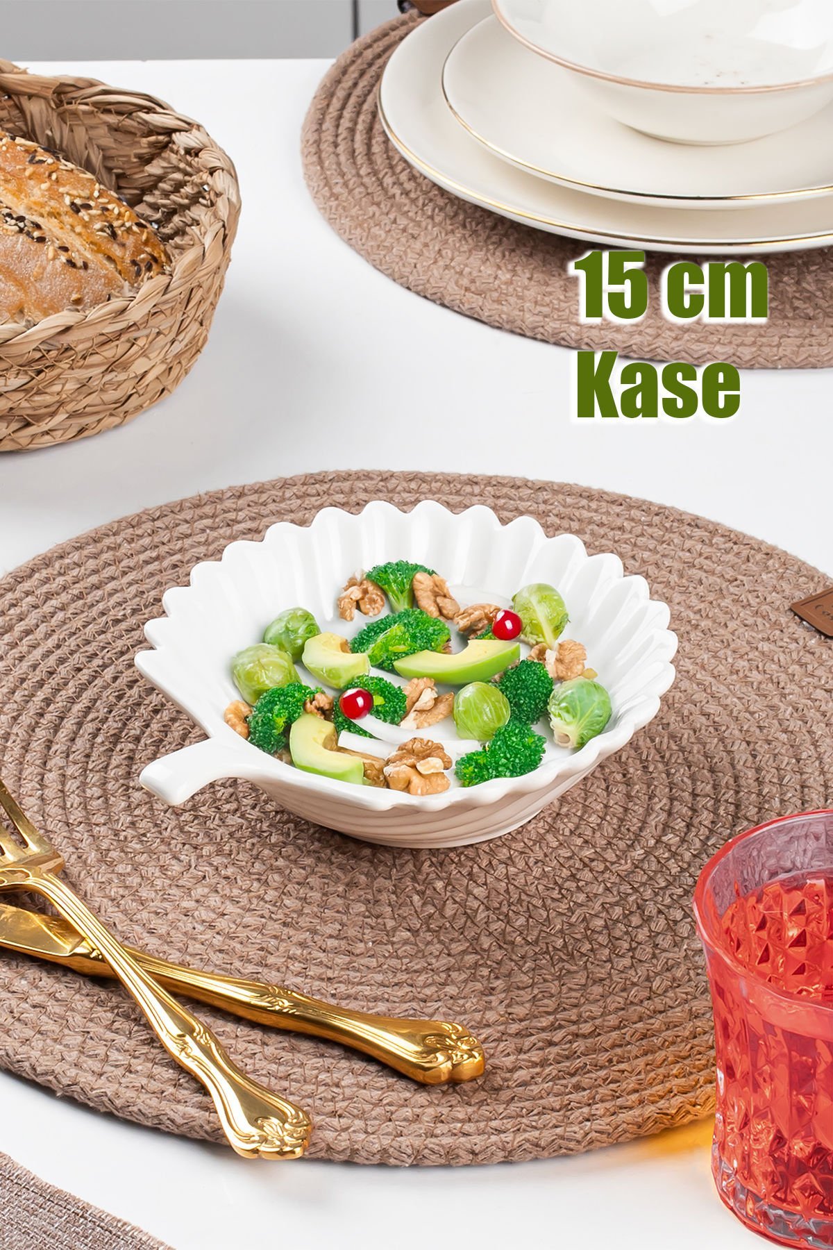 Porsima 174N Porselen Kase, Derin Salata Kase Sunum, Servis Kasesi Servis Tabağı Yaprak Desenli 15 Cm