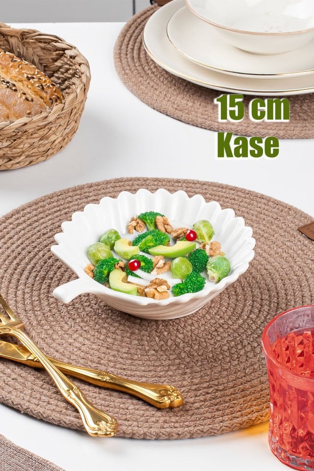 Porsima 174N Porselen Kase, Derin Salata Kase Sunum, Servis Kasesi Servis Tabağı Yaprak Desenli 15 Cm