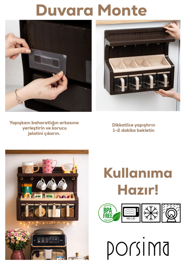 Porsima 5336 Kendinden Yapışkanlı Standlı Etiketli 4lü Kahve Köşesi Seti Kahvelik Takımı - Kahve