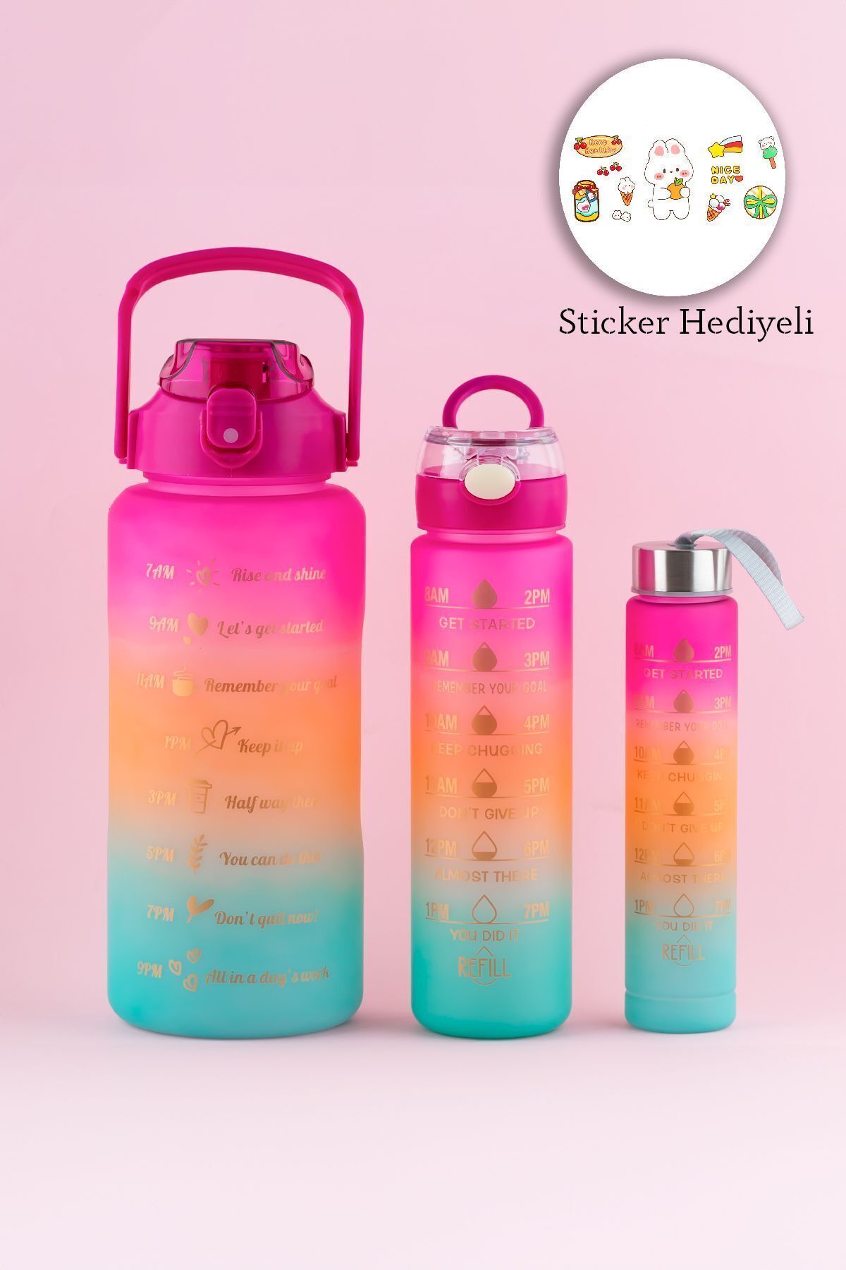 Porsima 11918 3 lü Motivasyon Stickerlı Kokusuz Spor Su Matarası - Su Şişesi - Fuşya
