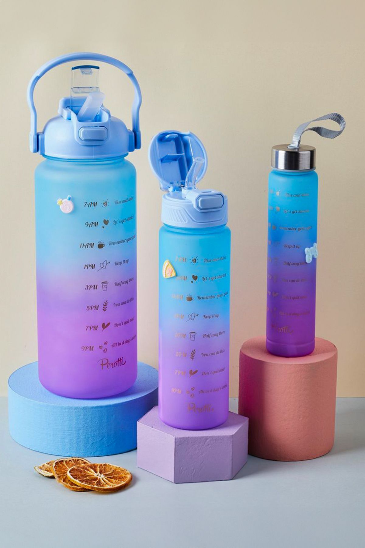 Porsima 11918 3 lü Motivasyon Stickerlı Kokusuz Spor Su Matarası - Su Şişesi -  Mavi