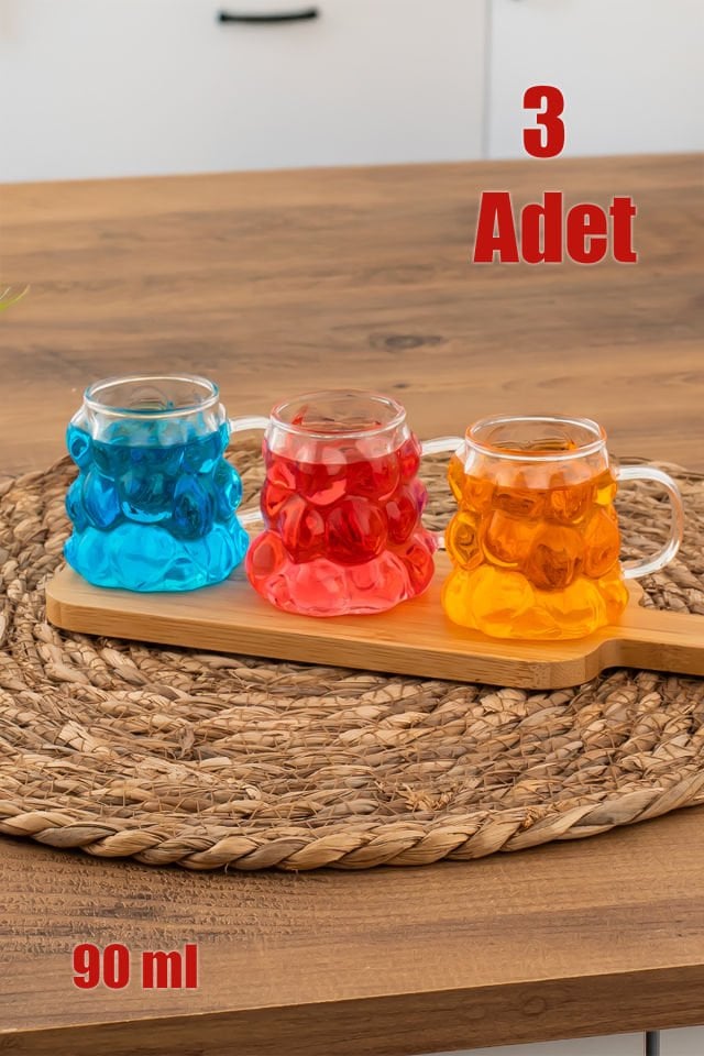 Porsima 153  Isıya Dayanıklı Borosilikat Boncuk Şekilli Bardak  Kahve Ve Sunum Bardağı Üzüm Bardak 3 Parça 90ml