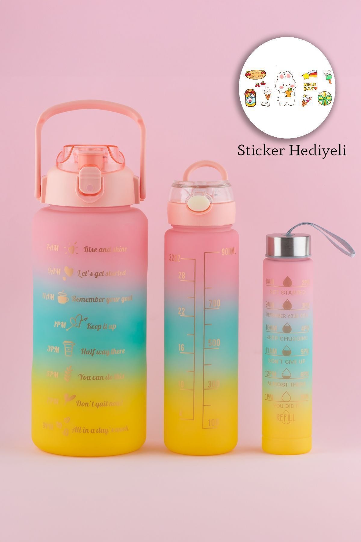 Porsima 11918 3 lü Motivasyon Stickerlı Kokusuz Spor Su Matarası - Su Şişesi -  Pembe