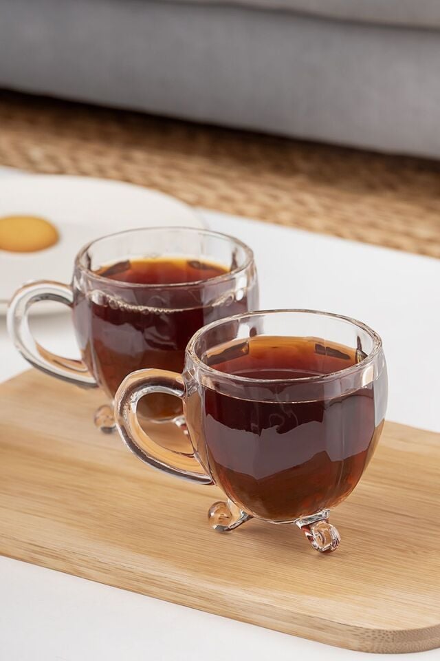 Porsima 15719 Ayaklı Kulplu Boncuk Desenli 4'lü Cam Bardak - Kulplu Çay Kahve Bardağı - 200 Cc