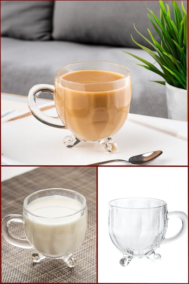 Porsima 15719 Ayaklı Kulplu Boncuk Desenli 4'lü Cam Bardak - Kulplu Çay Kahve Bardağı - 200 Cc