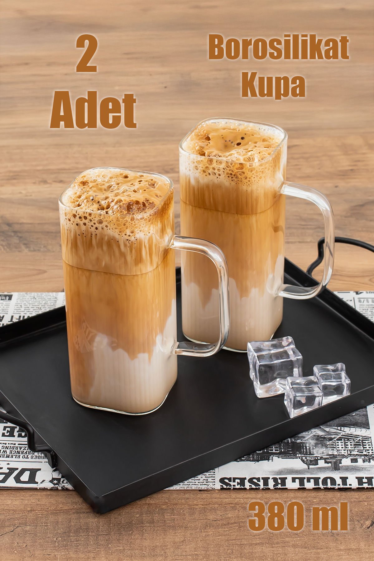 Porsima 2'li Borosilikat Isıya Dayanıklı Latte Bardağı Su Bardağı Sunumluk Cam Kupa Bardak 2 Adet 380 ml