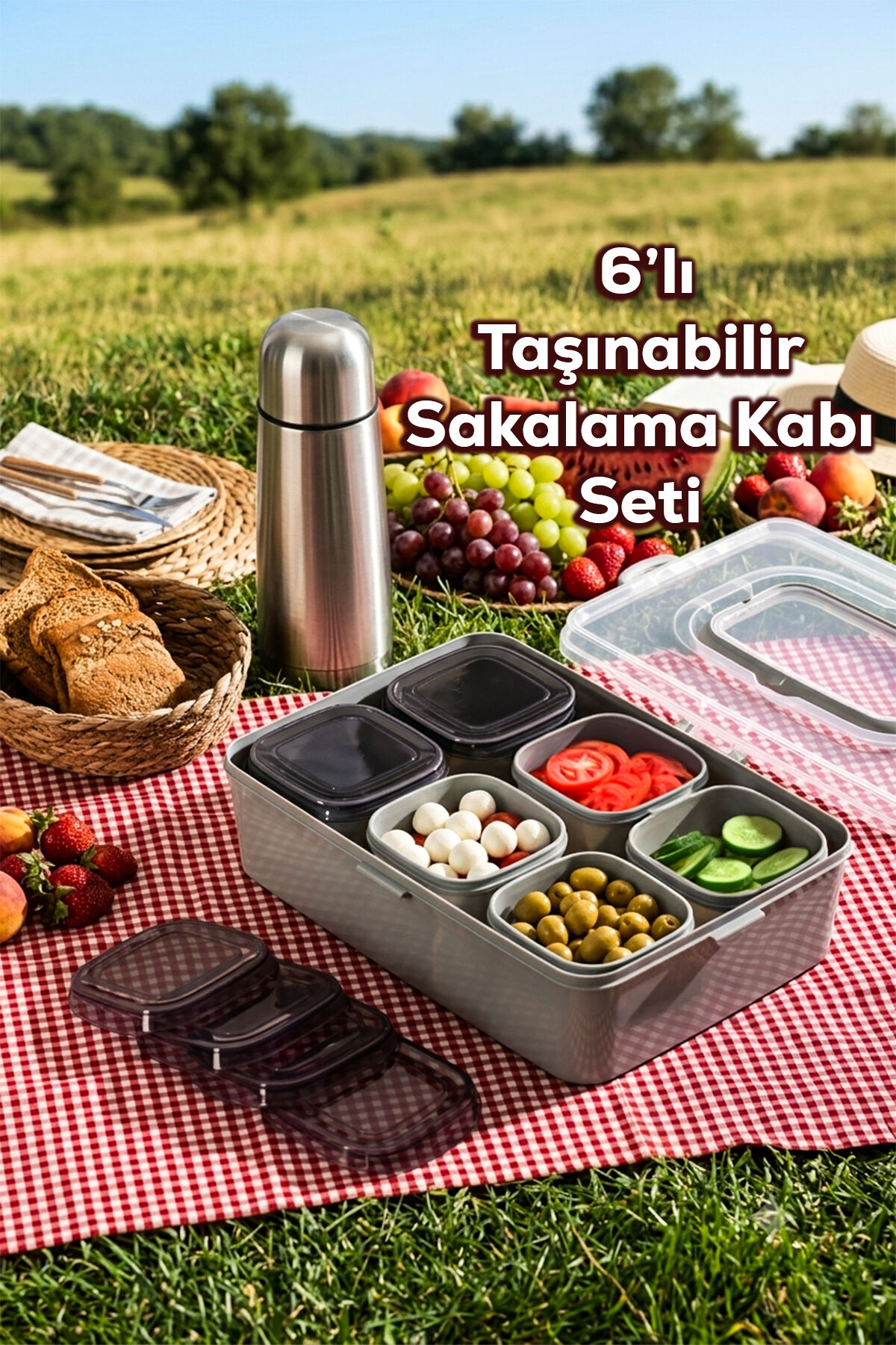 Porsima AC-100 7 bölmeli Çerezlik Çok Amaçlı Organizer Kapaklı Saklama Kabı Kapaklı Kahvaltılık Seti Gri