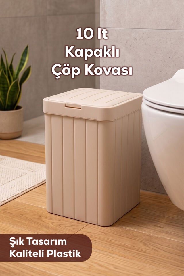 Porsima G-853 Linny Kare Çöp Kutusu Banyo Mutfak Çöp Kovası Kapaklı Banyo Çöp Kovası 10LT