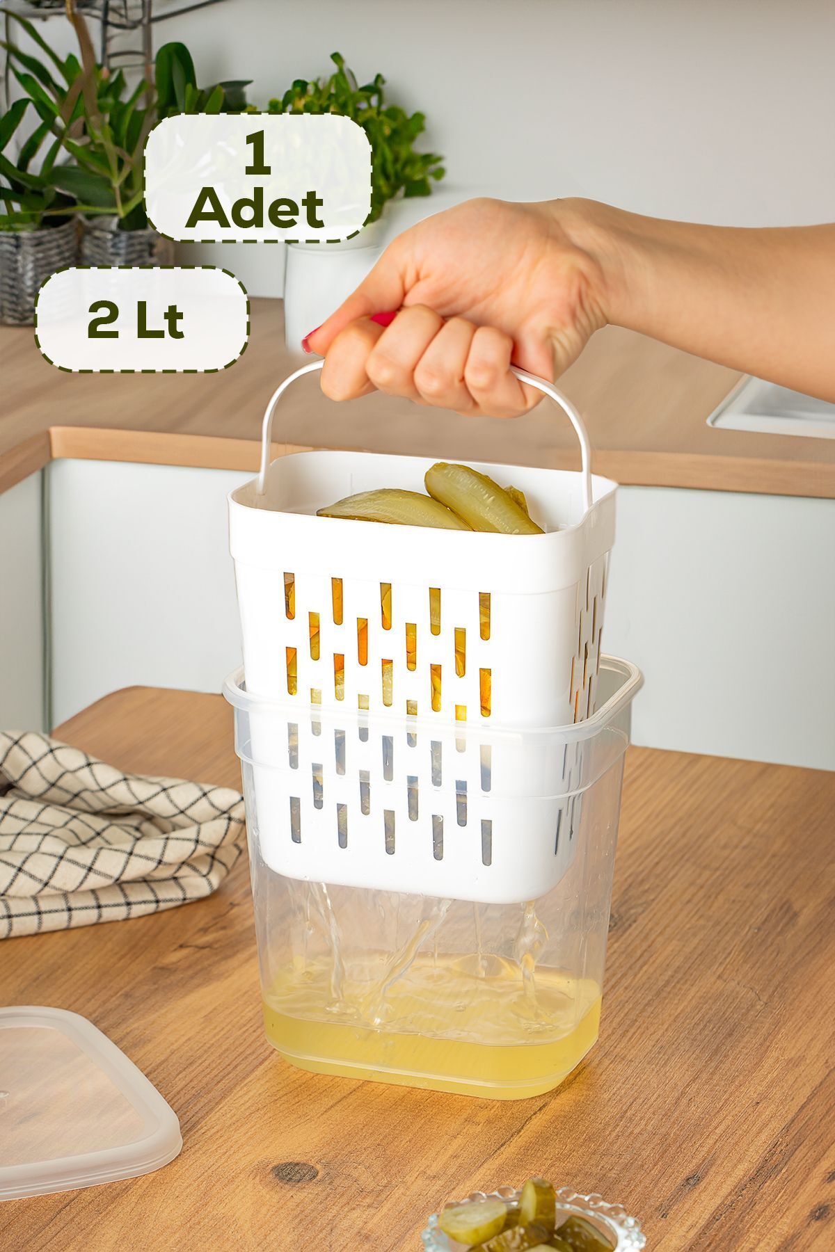Porsima 1045 Süzgeçli Turşuluk Zeytinlik Çok Amaçlı Dikdörtgen Saklama Kabı - 2 Lt Şeffaf