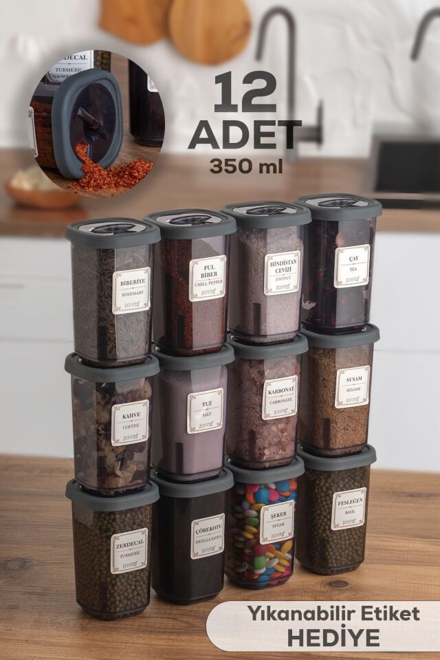 Porsima 1059 12li Kilit Kapak Etiketli Baharatlık Seti-baharatlık-saklama Kabı-350ml Füme