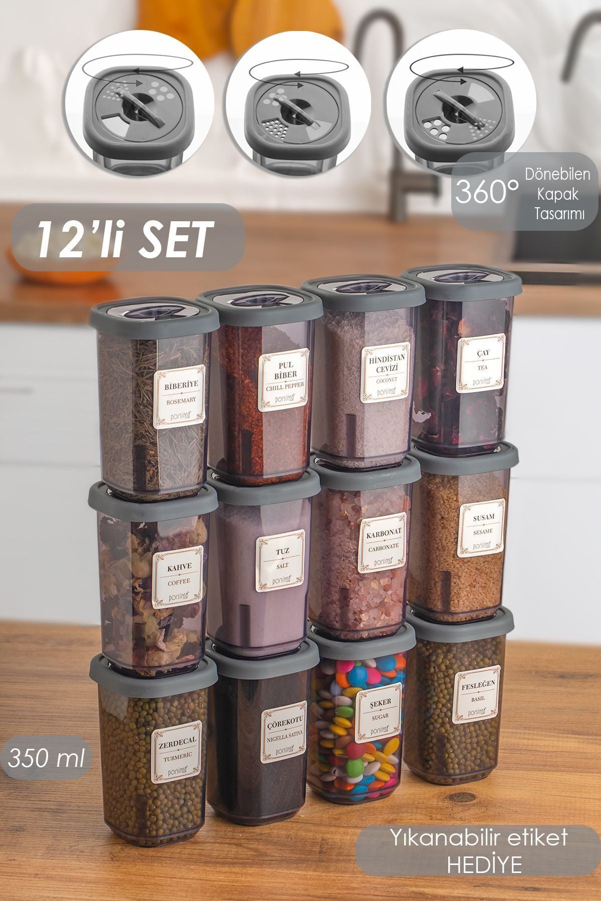 Porsima 1059 12li Kilit Kapak Etiketli Baharatlık Seti-baharatlık-saklama Kabı-350ml Füme