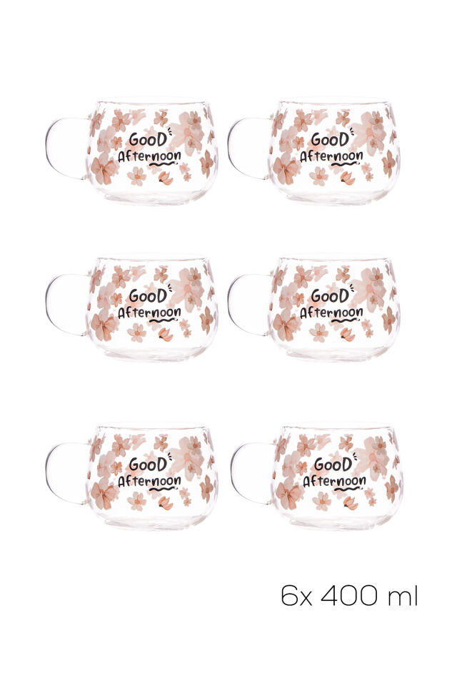 Porsima 2089-1 6lı Borosilikat Isıya Ateşe Dayanıklı Cam Kulplu Çay Bardağı Kahve Bardak Kupa Pembe 400 ml