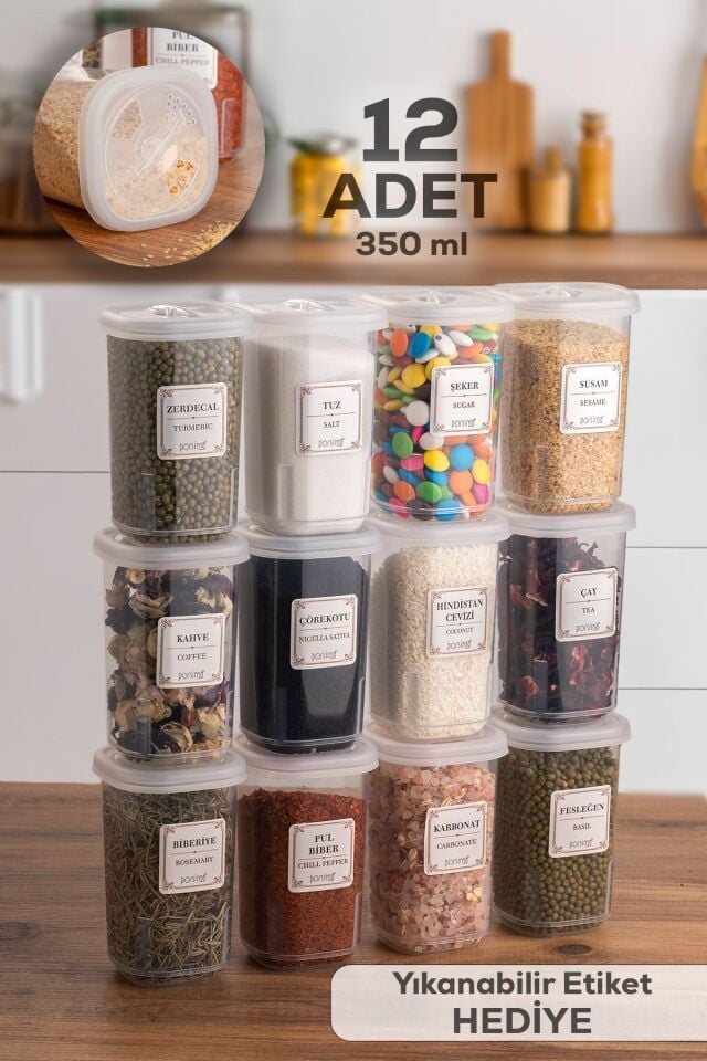 Porsima 1060 12li Kilit Kapak Etiketli Baharatlık Seti-baharatlık-saklama Kabı-350ml Şeffaf