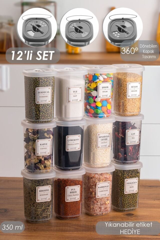 Porsima 1060 12li Kilit Kapak Etiketli Baharatlık Seti-baharatlık-saklama Kabı-350ml Şeffaf